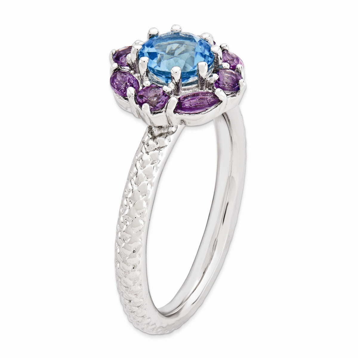 Alternate view of the Sterling Silver Stackable Amethyst &amp; Topaz Gemstone Flower Ring by The Black Bow Jewelry Co.