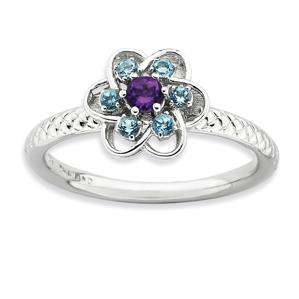 Sterling Silver Stackable Blue Topaz Gemstone Flower Ring, Item R8861 by The Black Bow Jewelry Co.
