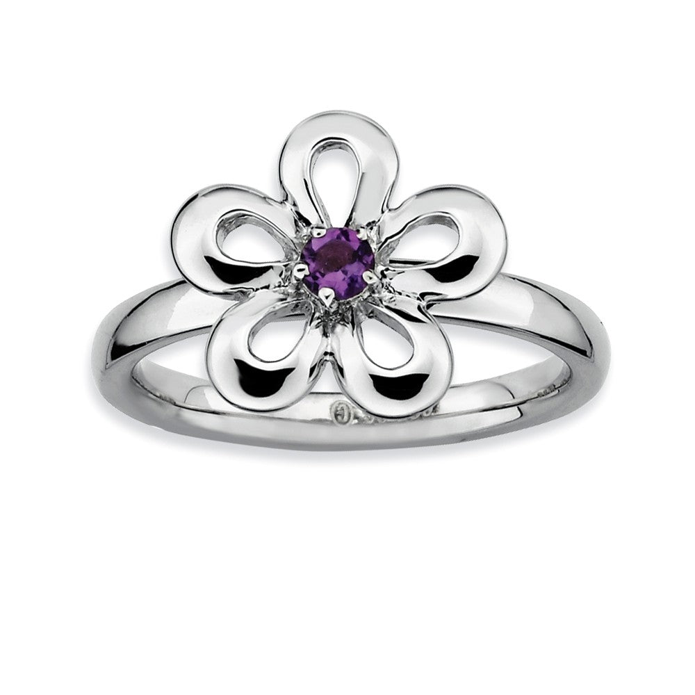 Sterling Silver &amp; Amethyst Stackable 12mm Open Petal Flower Ring, Item R8864 by The Black Bow Jewelry Co.