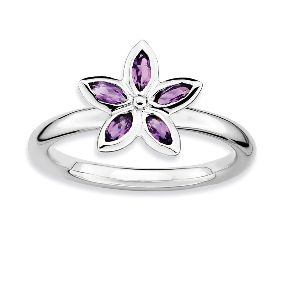 Sterling Silver &amp; Amethyst Stackable 5 Marquise Stone Flower Ring, Item R8866 by The Black Bow Jewelry Co.
