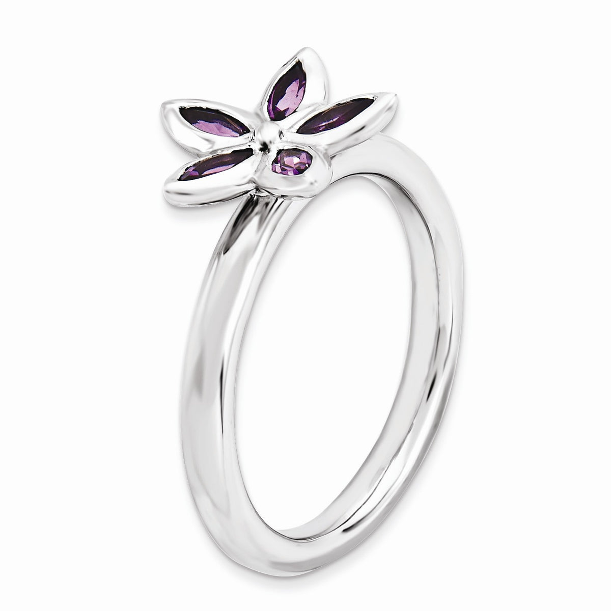 Alternate view of the Sterling Silver &amp; Amethyst Stackable 5 Marquise Stone Flower Ring by The Black Bow Jewelry Co.