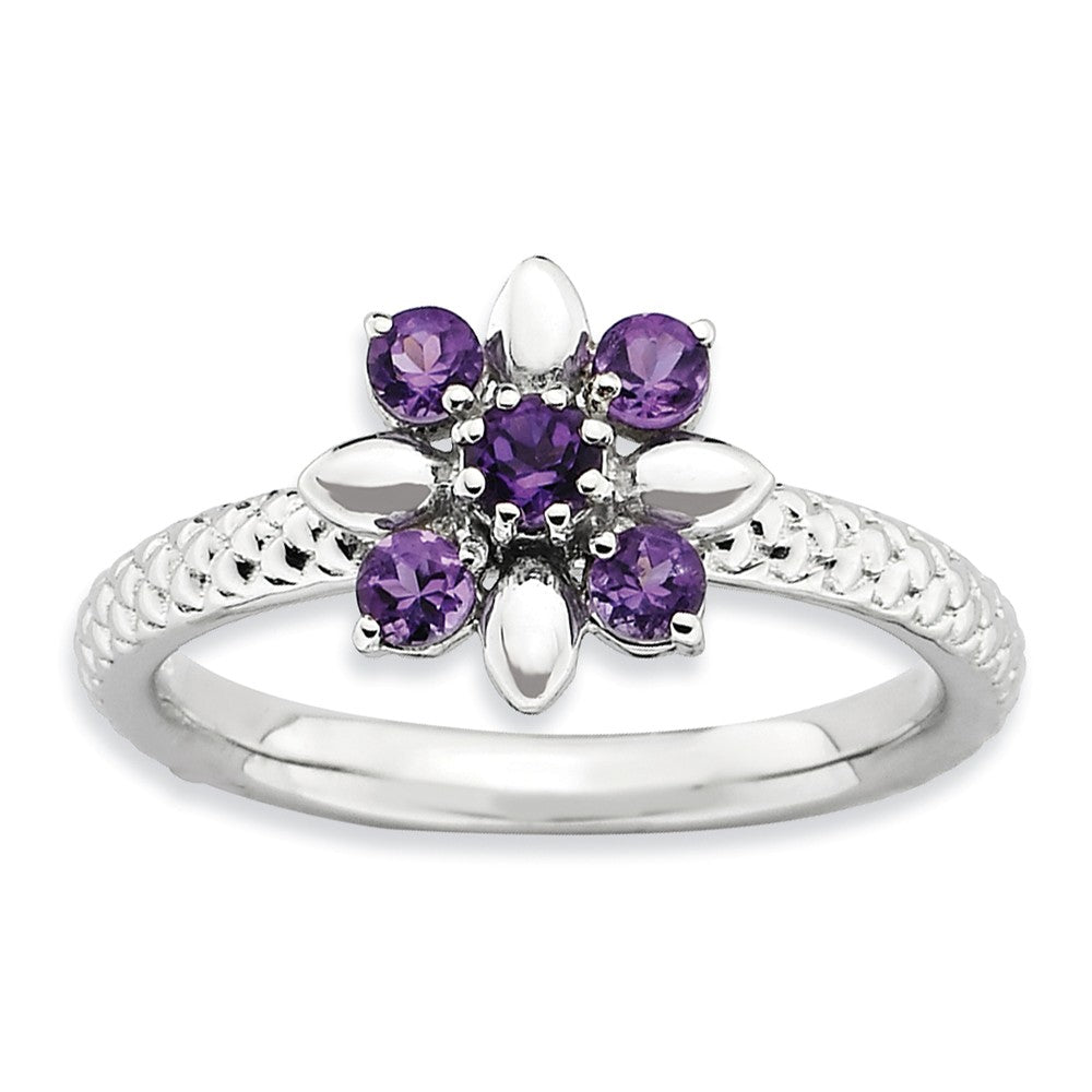 Sterling Silver &amp; Amethyst Stackable 5 Round Stone Flower Ring, Item R8867 by The Black Bow Jewelry Co.