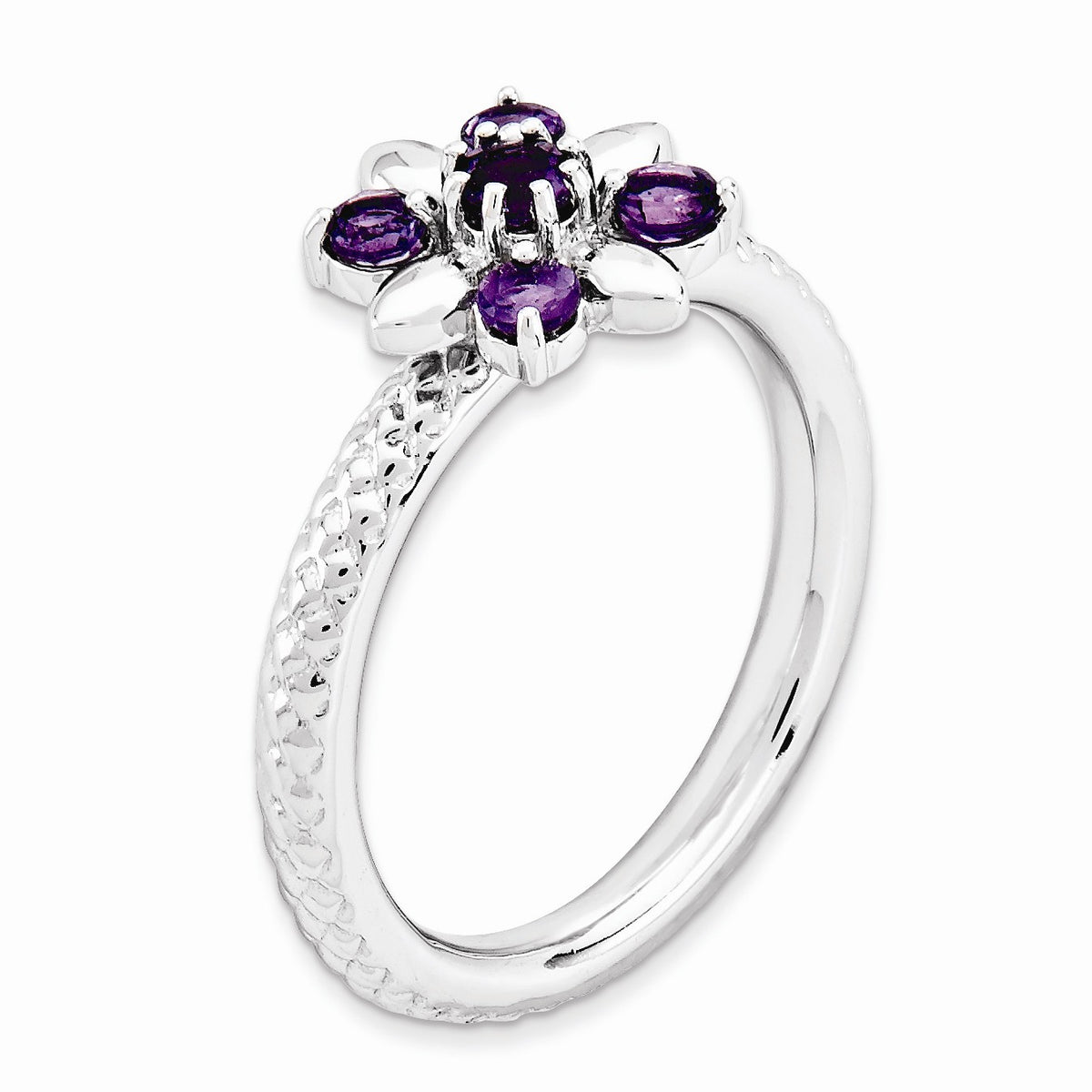 Alternate view of the Sterling Silver &amp; Amethyst Stackable 5 Round Stone Flower Ring by The Black Bow Jewelry Co.