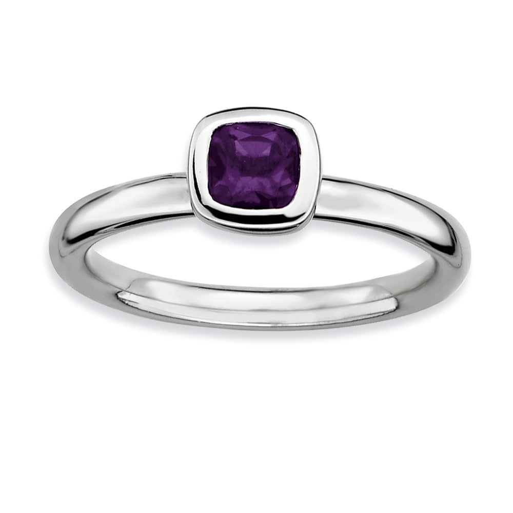 Sterling Silver &amp; Amethyst Stackable 5mm Cushion Cut Solitaire Ring, Item R8868 by The Black Bow Jewelry Co.