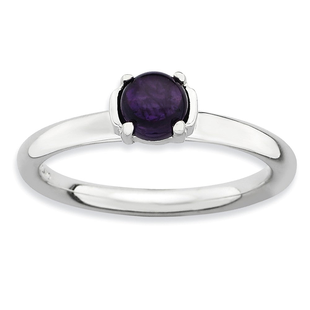 Sterling Silver &amp; Amethyst 5mm Round Cabochon Solitaire Stackable Ring, Item R8869 by The Black Bow Jewelry Co.