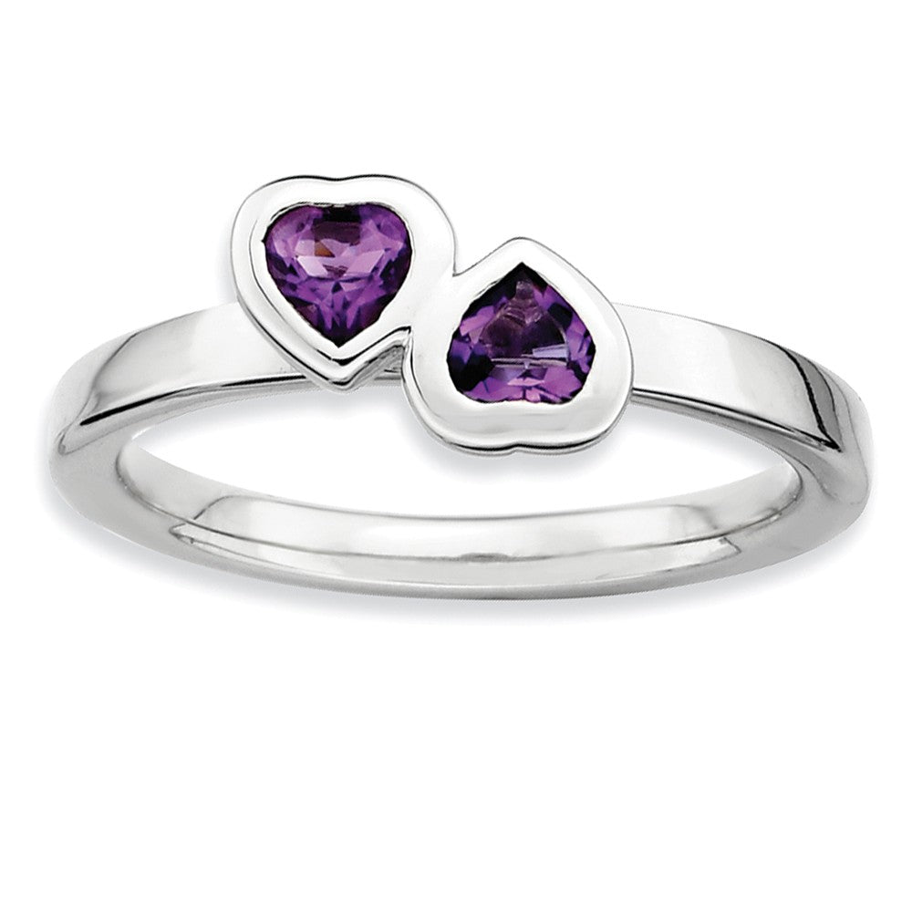 Rhodium Plated Sterling Silver &amp; Amethyst Stackable 2 Stone Heart Ring, Item R8872 by The Black Bow Jewelry Co.