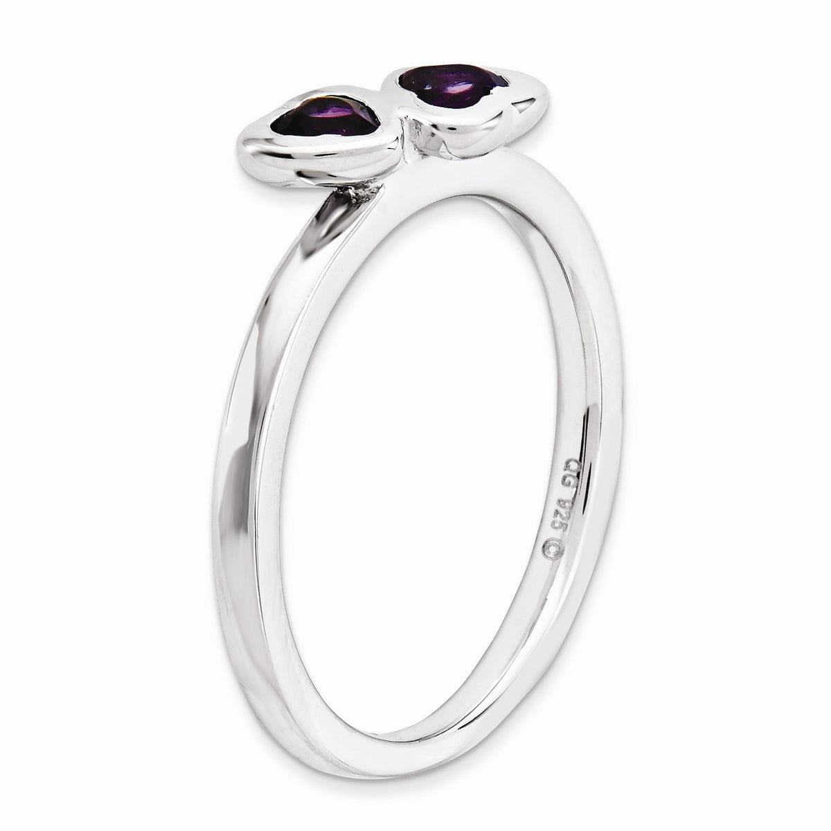 Alternate view of the Rhodium Plated Sterling Silver &amp; Amethyst Stackable 2 Stone Heart Ring by The Black Bow Jewelry Co.