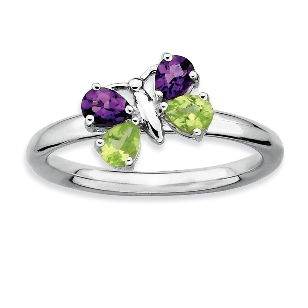 Sterling Silver Peridot and Amethyst Stackable Gemstone Butterfly Ring