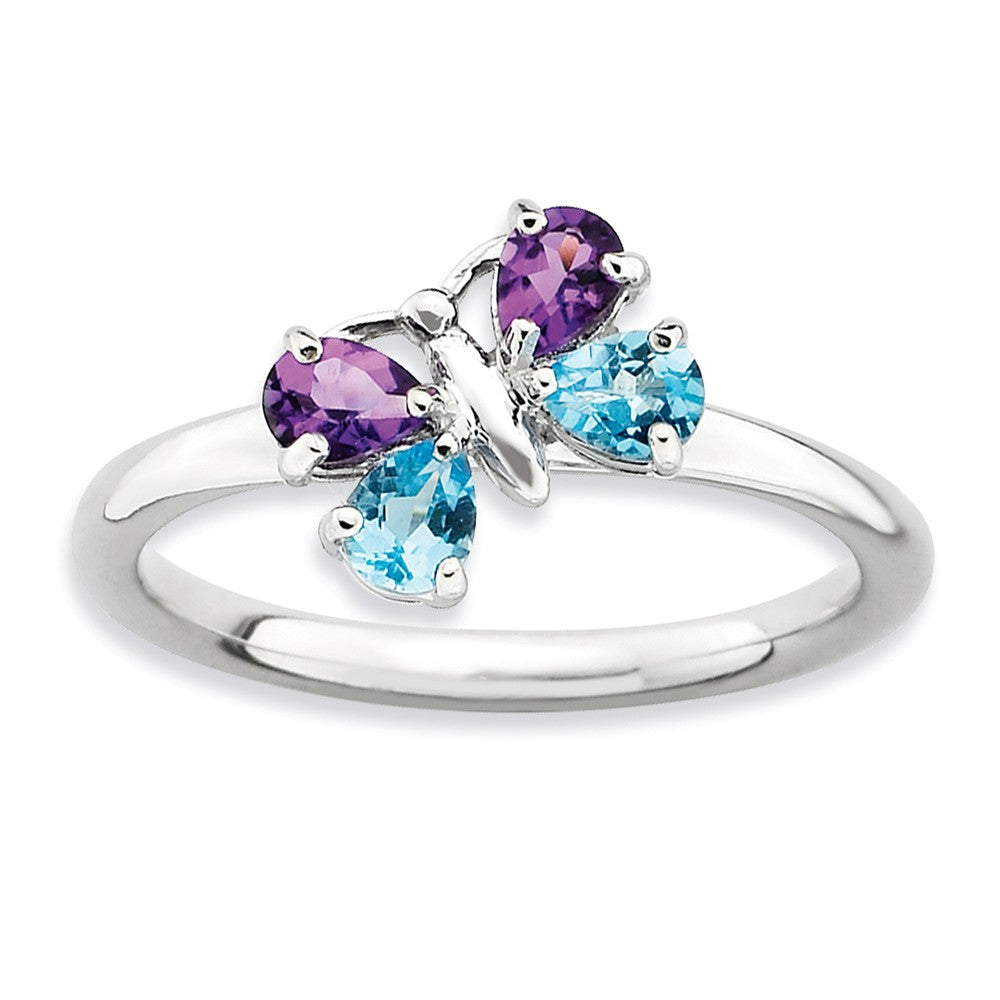Sterling Silver, Amethyst &amp; Blue Topaz Butterfly Stackable Ring, Item R8877 by The Black Bow Jewelry Co.
