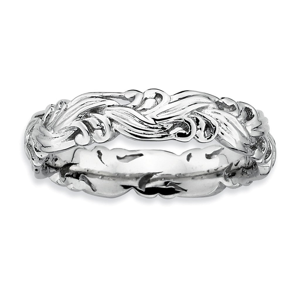 Rhodium Plated Sterling Silver Stackable Ornate Floral 4.5mm Band, Item R8893 by The Black Bow Jewelry Co.