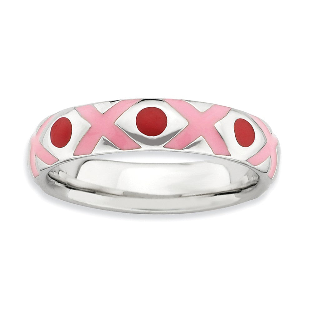 Sterling Silver, Pink and Red Enameled Hugs &amp; Kisses Stackable Band, Item R8897 by The Black Bow Jewelry Co.