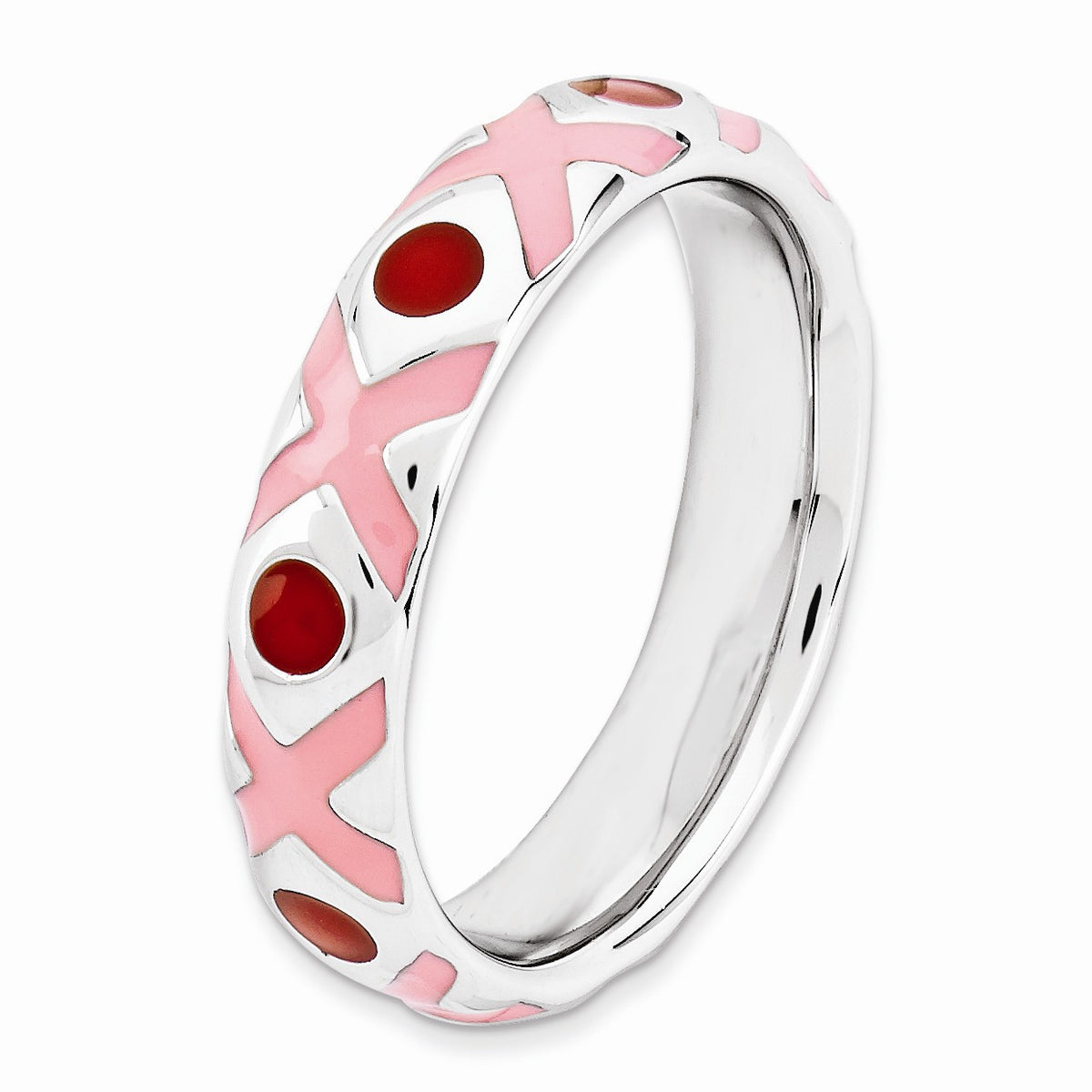 Alternate view of the Sterling Silver, Pink and Red Enameled Hugs &amp; Kisses Stackable Band by The Black Bow Jewelry Co.