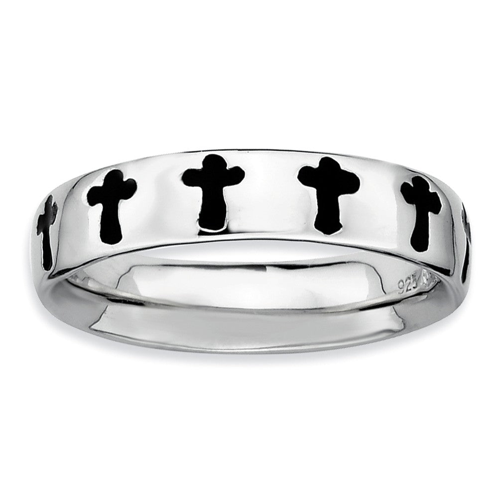 Rhodium Plated Sterling Silver, Black Enameled Stackable Cross Band, Item R8898 by The Black Bow Jewelry Co.