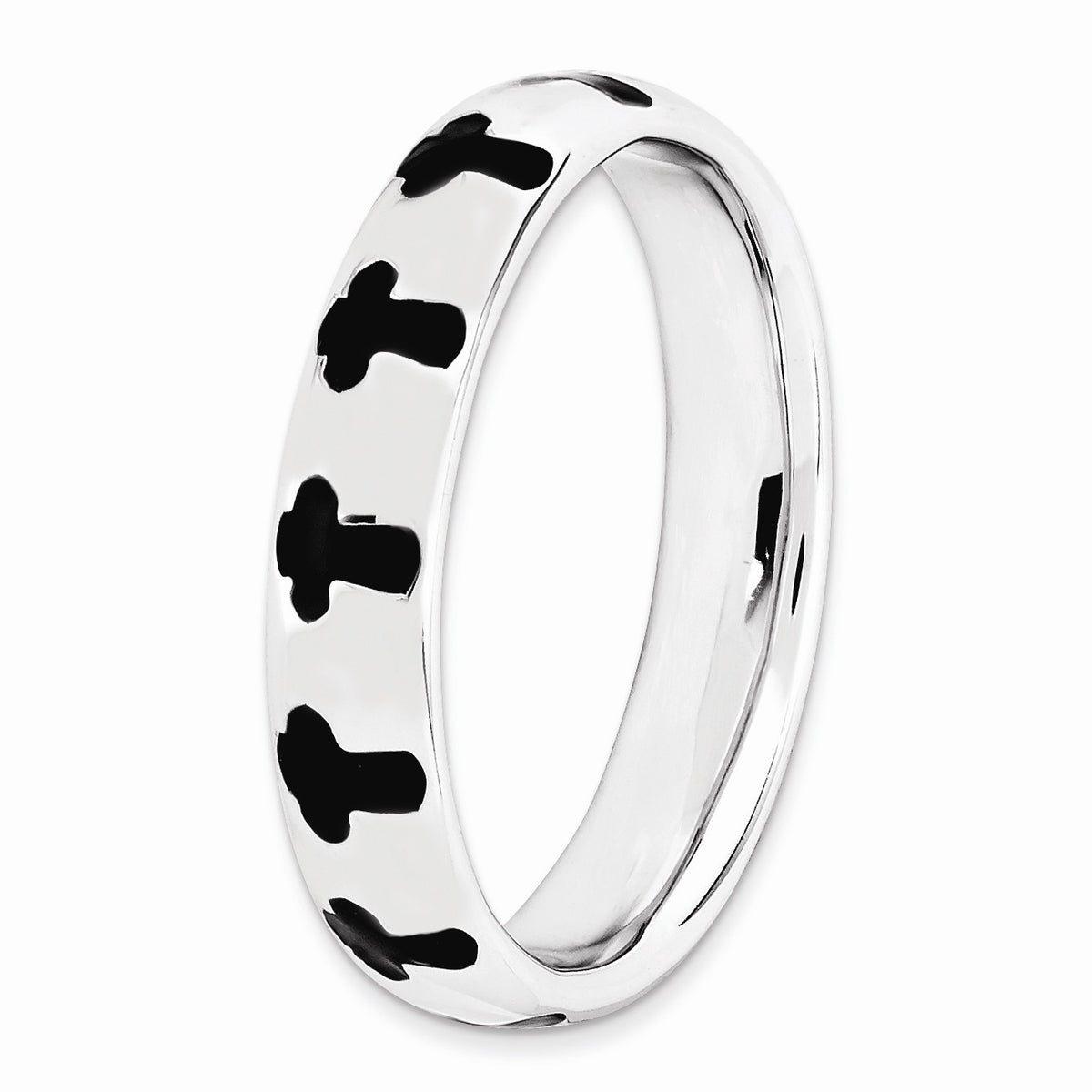 Alternate view of the Rhodium Plated Sterling Silver, Black Enameled Stackable Cross Band by The Black Bow Jewelry Co.