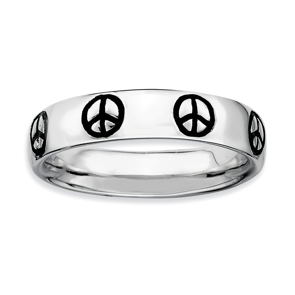 Rhodium Plate Sterling Silver &amp; Black Enamel Stackable Peace Sign Band, Item R8899 by The Black Bow Jewelry Co.