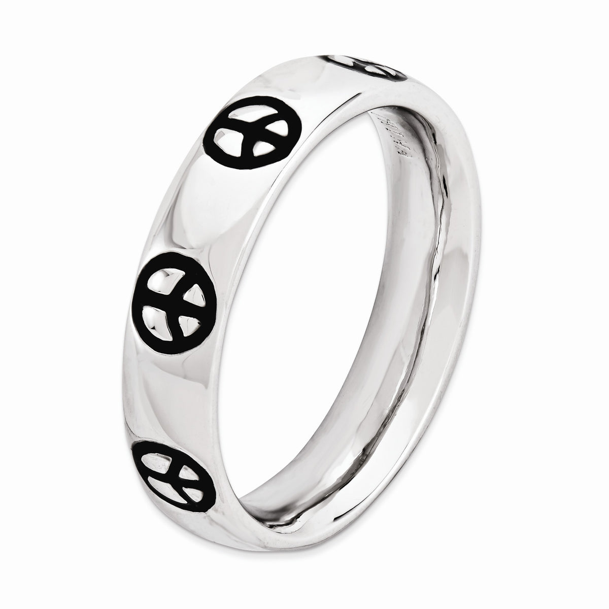Alternate view of the Rhodium Plate Sterling Silver &amp; Black Enamel Stackable Peace Sign Band by The Black Bow Jewelry Co.
