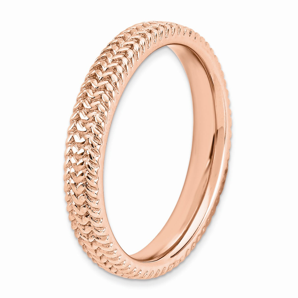 Alternate view of the 3.25mm 14k Rose Plated Sterling Silver Stackable Finely Textured Band by The Black Bow Jewelry Co.