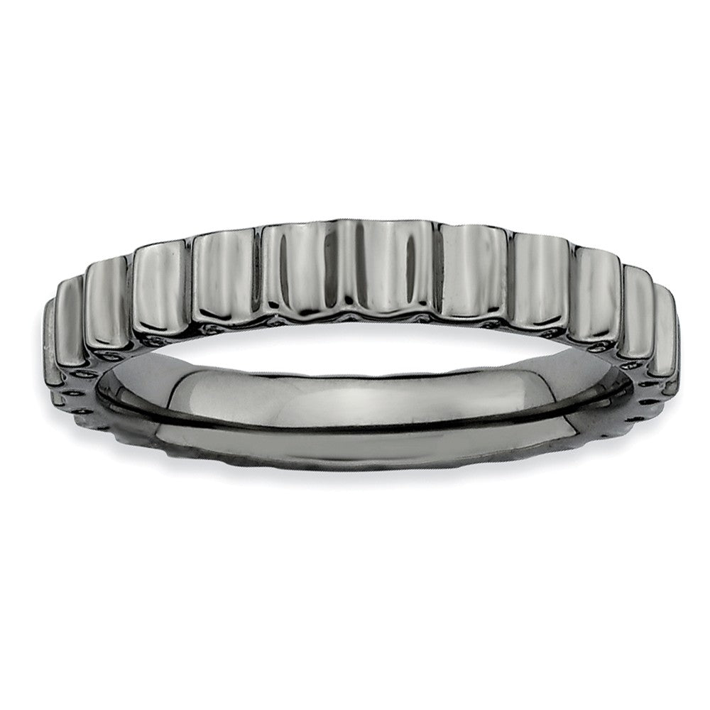 Black Plated Sterling Silver Stackable Concaved Gear 3.5mm Band, Item R8965 by The Black Bow Jewelry Co.