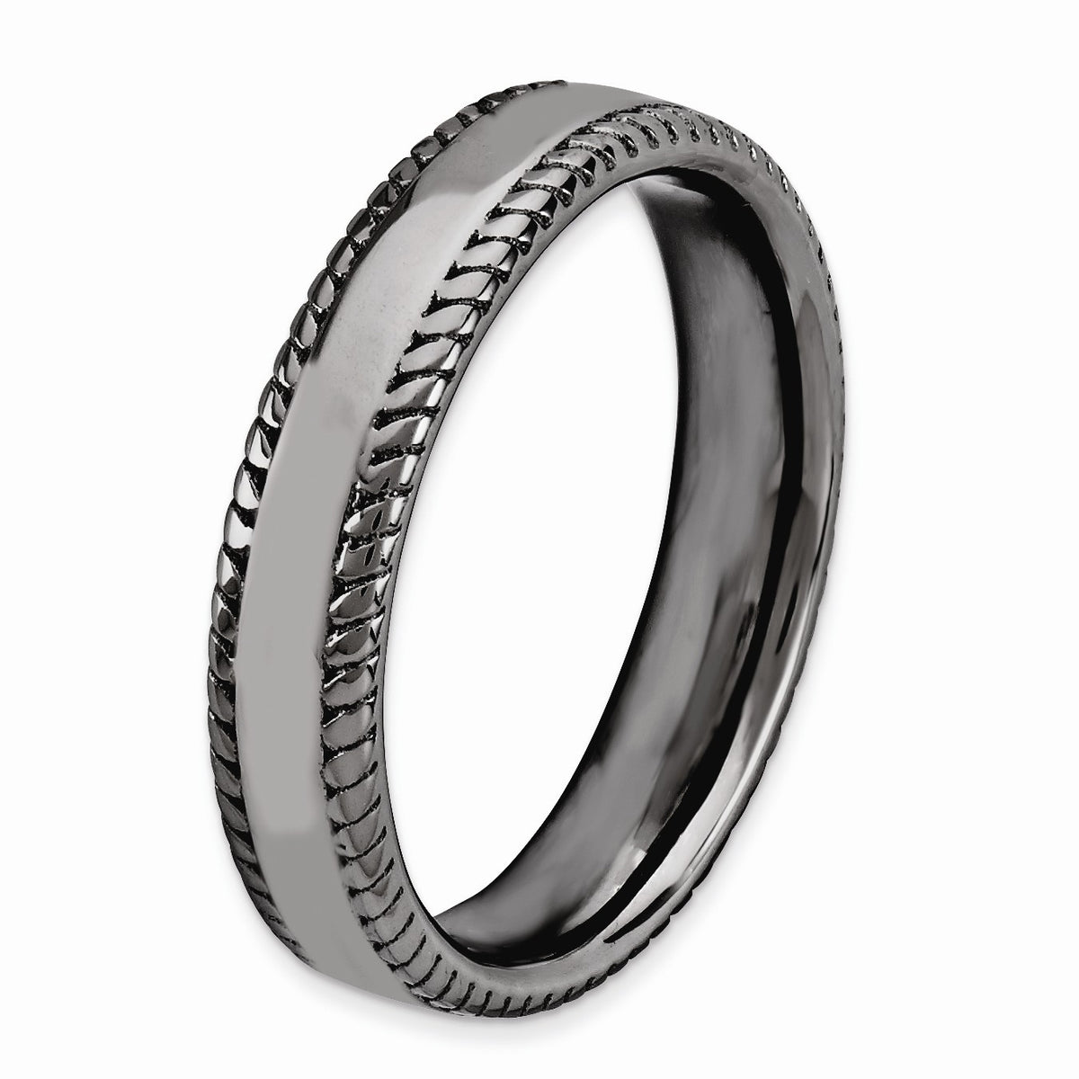 Alternate view of the Black Plated Sterling Silver Stackable Rope Edged 4.25mm Band by The Black Bow Jewelry Co.