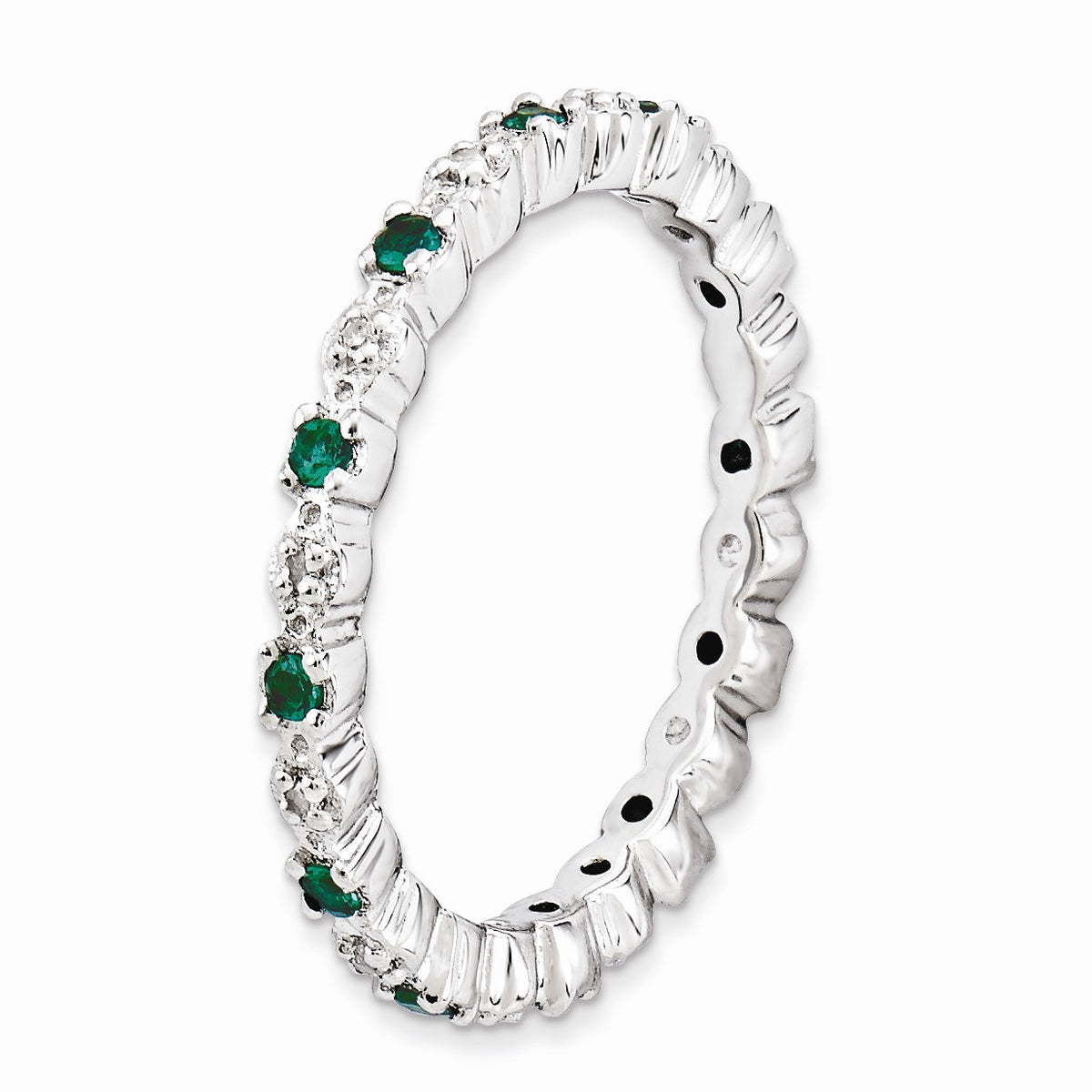 Alternate view of the 2.25mm Stackable Created Emerald &amp; .04 Ctw HI/I3 Diamond Silver Band by The Black Bow Jewelry Co.