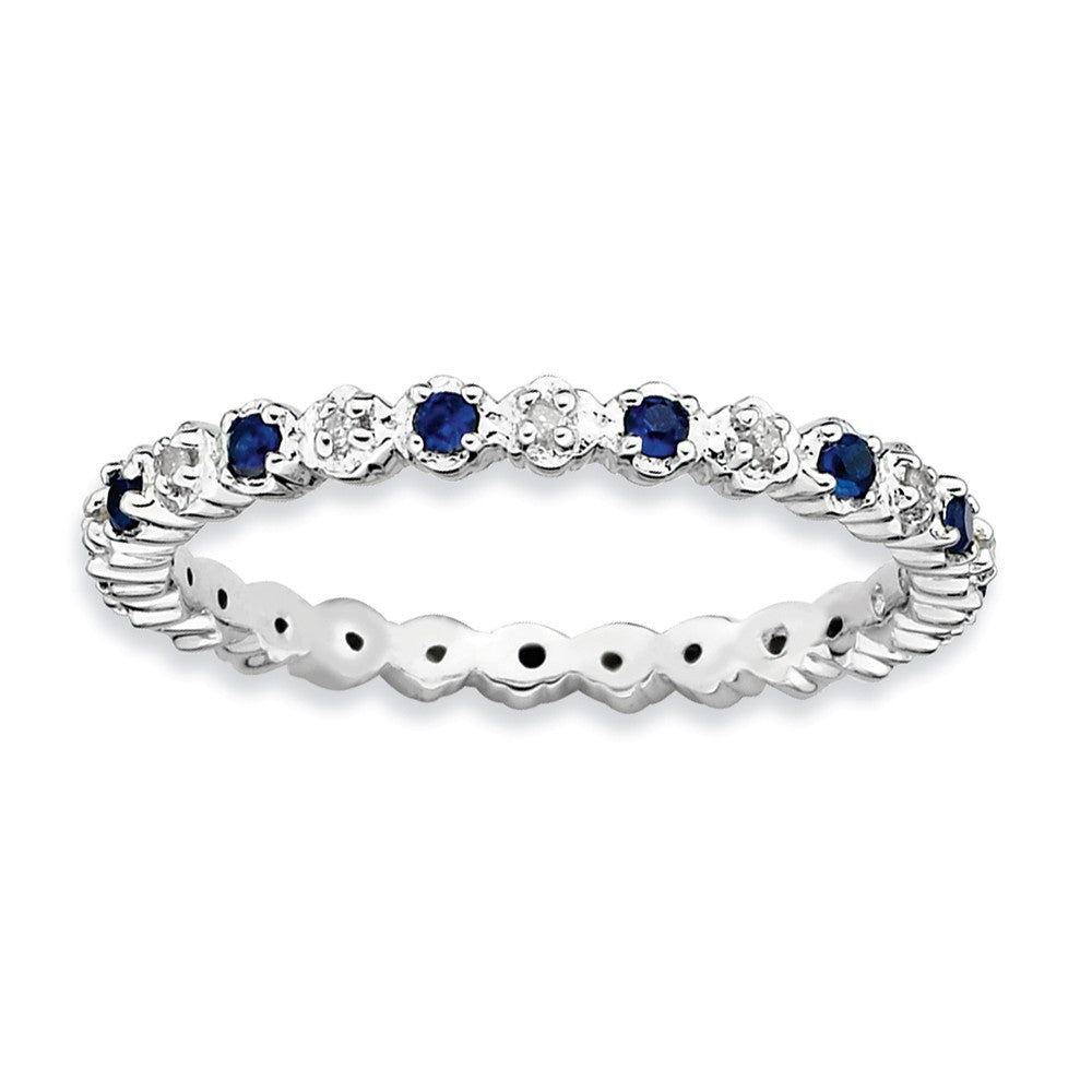 2.25mm Stackable Created Sapphire &amp; .04 Ctw HI/I3 Diamond Silver Band, Item R9037 by The Black Bow Jewelry Co.