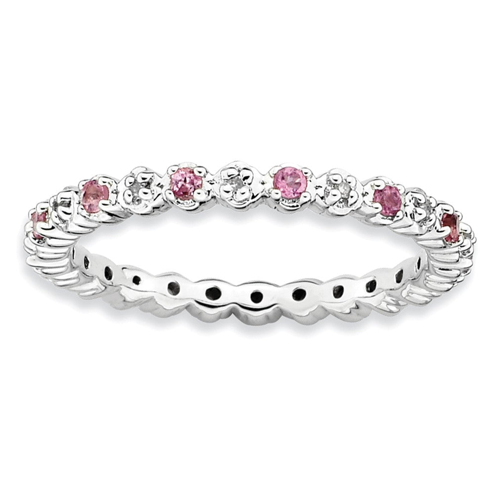 2.25mm Stackable Pink Tourmaline &amp; .04Ctw HI/I3 Diamond Silver Band, Item R9038 by The Black Bow Jewelry Co.