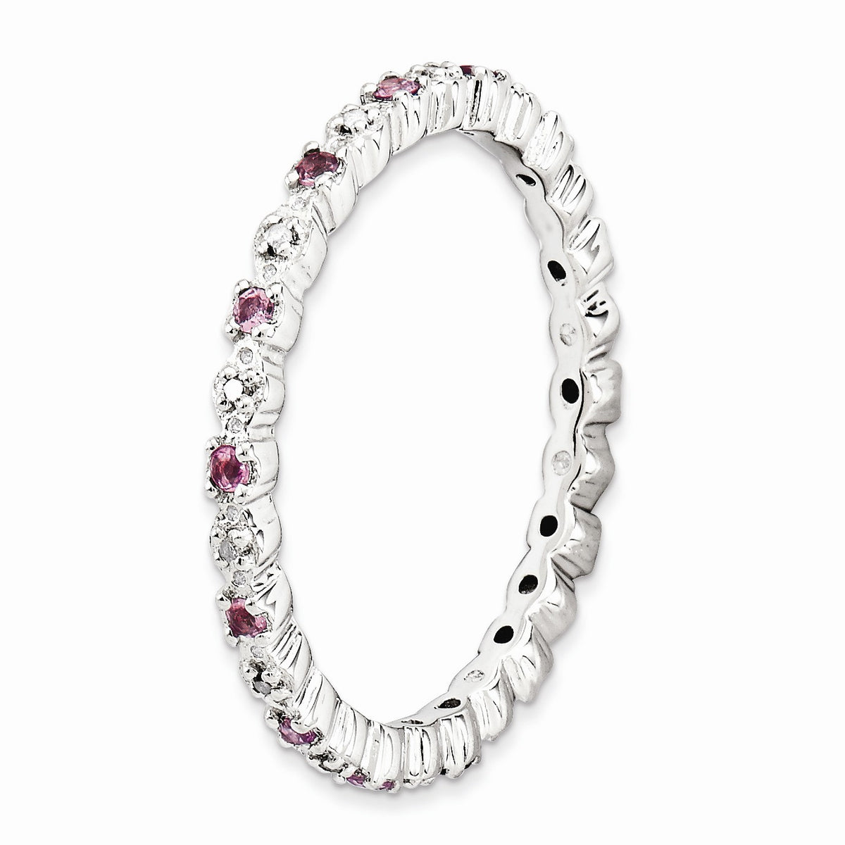 Alternate view of the 2.25mm Stackable Pink Tourmaline &amp; .04Ctw HI/I3 Diamond Silver Band by The Black Bow Jewelry Co.