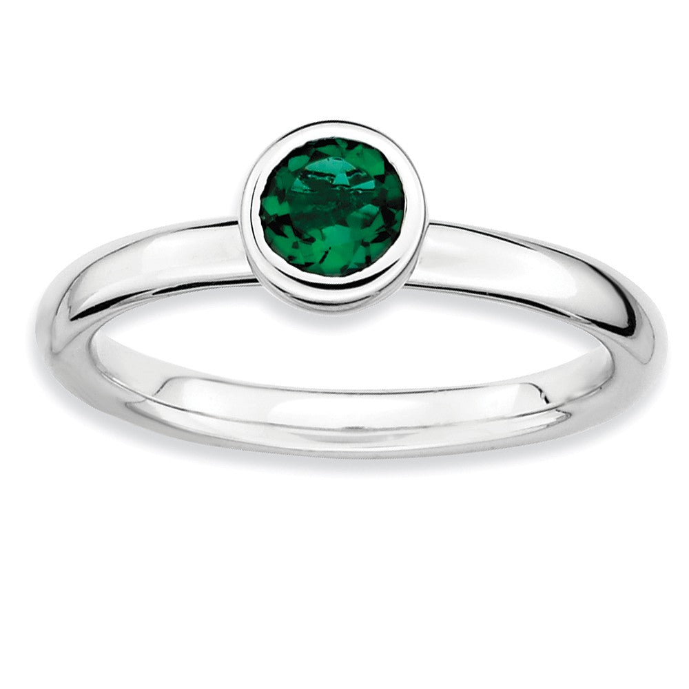 Stackable Low Profile 5mm Created Emerald Silver Ring, Item R9066 by The Black Bow Jewelry Co.
