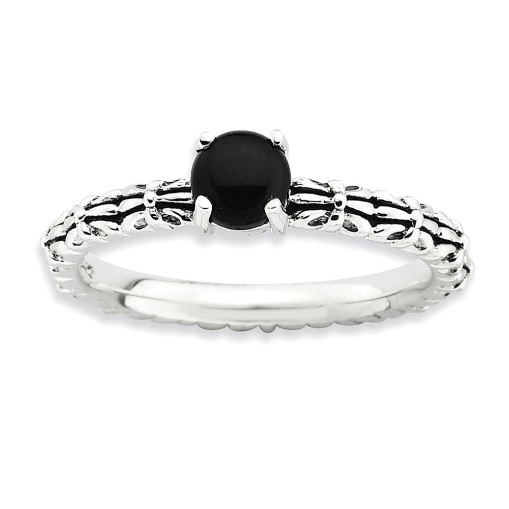 Antiqued SS Stackable Black Agate Ring, Item R9116 by The Black Bow Jewelry Co.