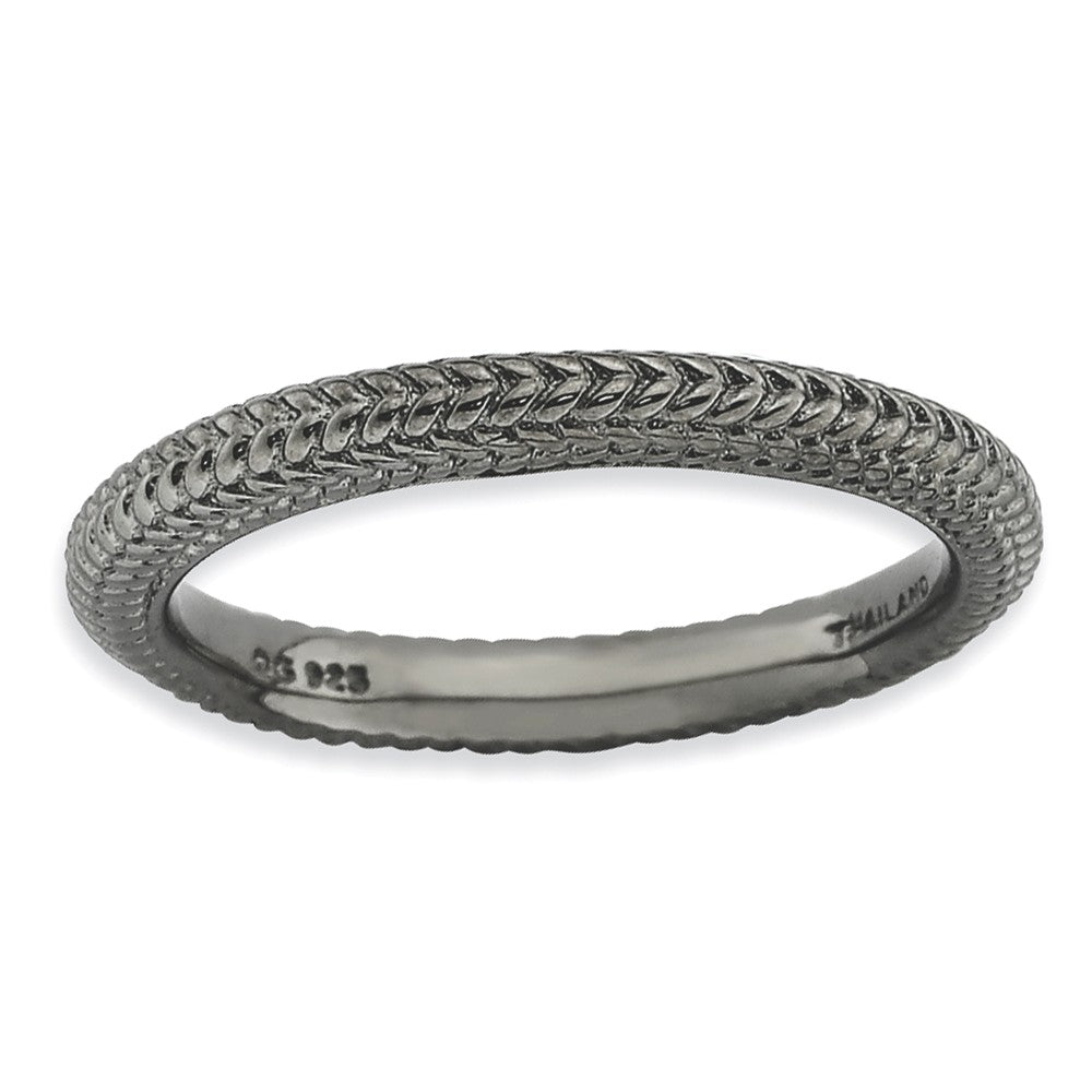 Stackable Black Ruthenium Plated Silver Domed Wheat Band, Item R9132 by The Black Bow Jewelry Co.