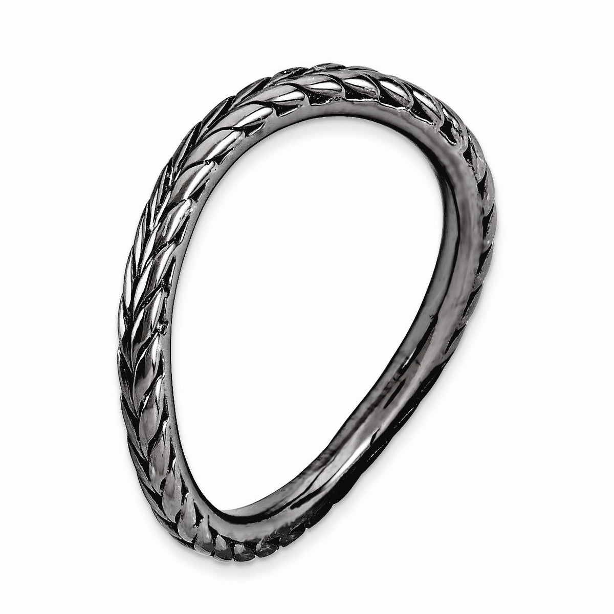 Alternate view of the 1.5mm Stackable Black Ruthenium plated Silver Curved Wheat Band by The Black Bow Jewelry Co.