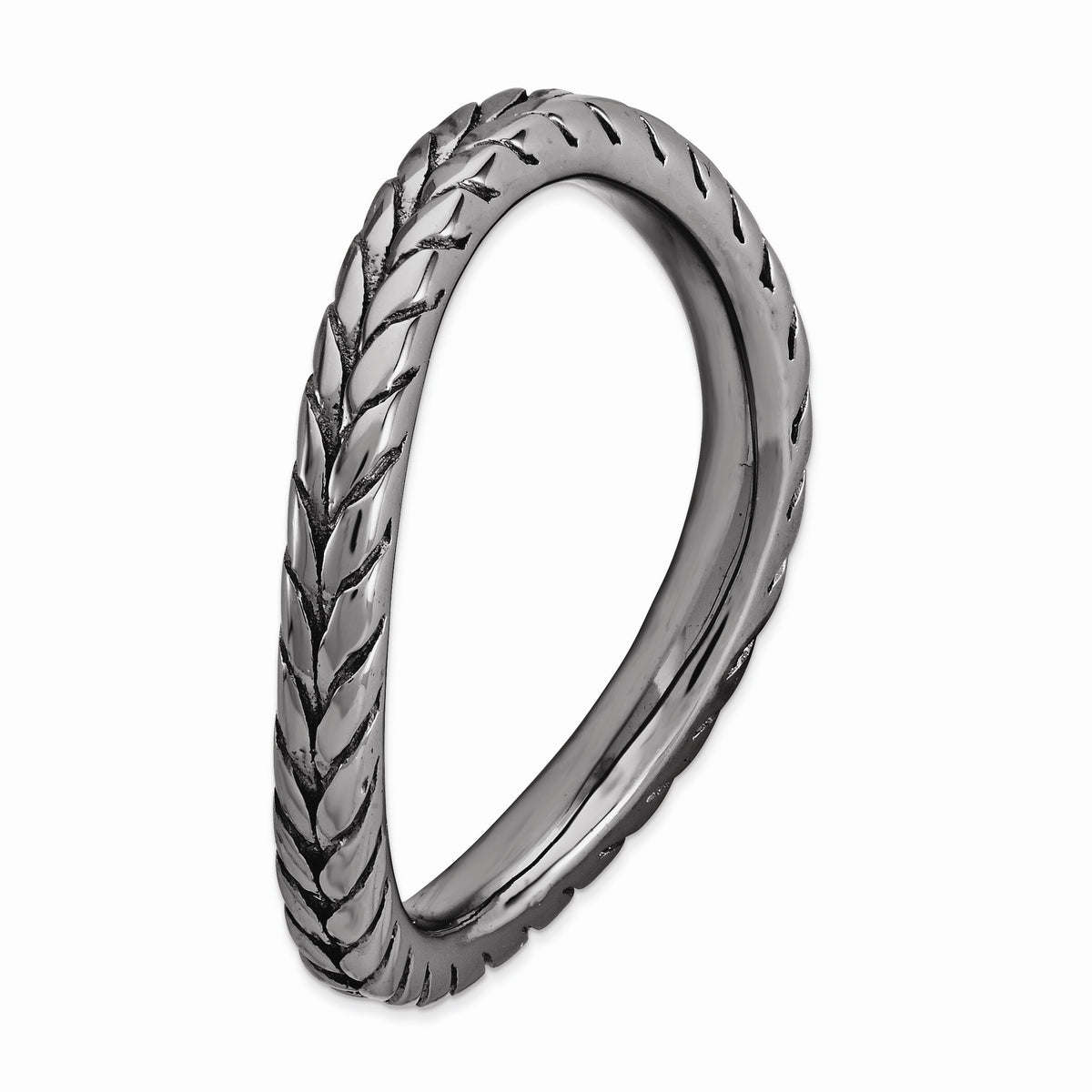 Alternate view of the 2.25mm Stackable Black Plated Silver Curved Wheat Band by The Black Bow Jewelry Co.