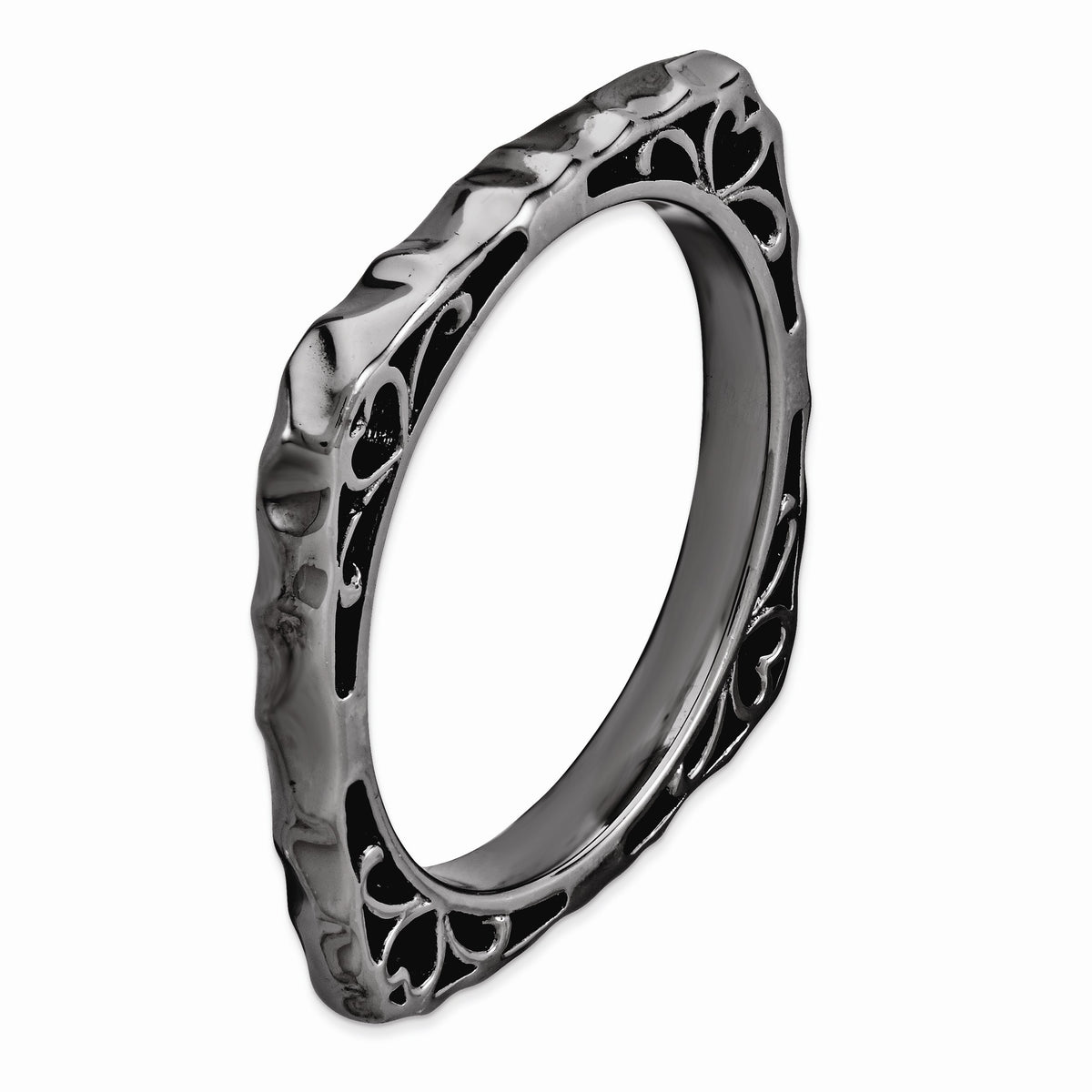 Alternate view of the 2.25mm Stackable Black Plated Silver Square Hammered Scroll Band by The Black Bow Jewelry Co.