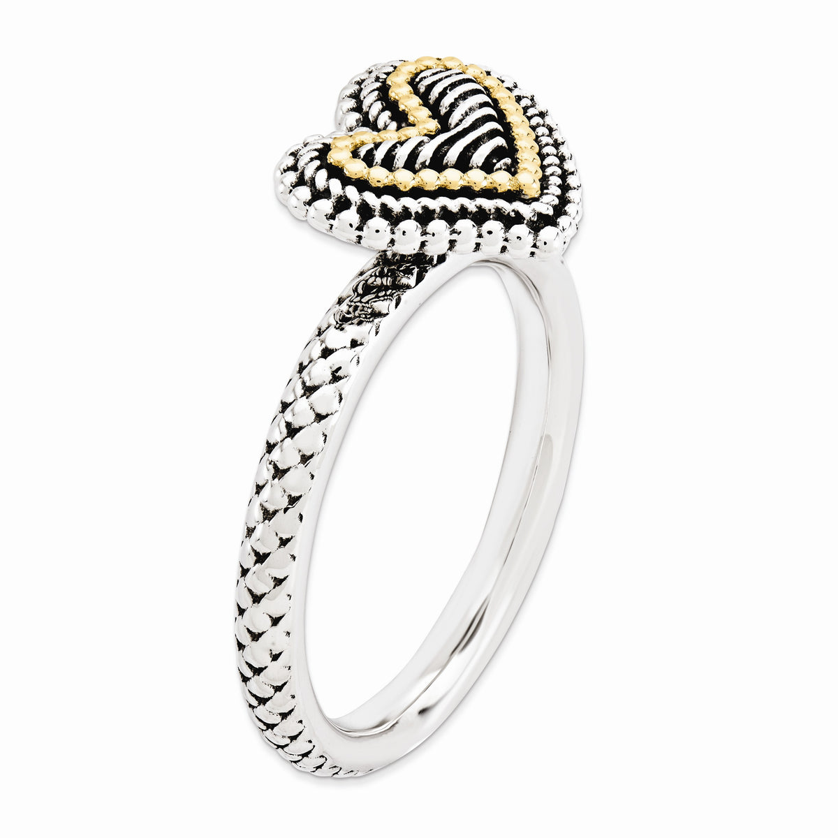 Alternate view of the 2.5mm Stackable Antiqued Sterling Silver &amp; 14K Gold Plated Heart Ring by The Black Bow Jewelry Co.
