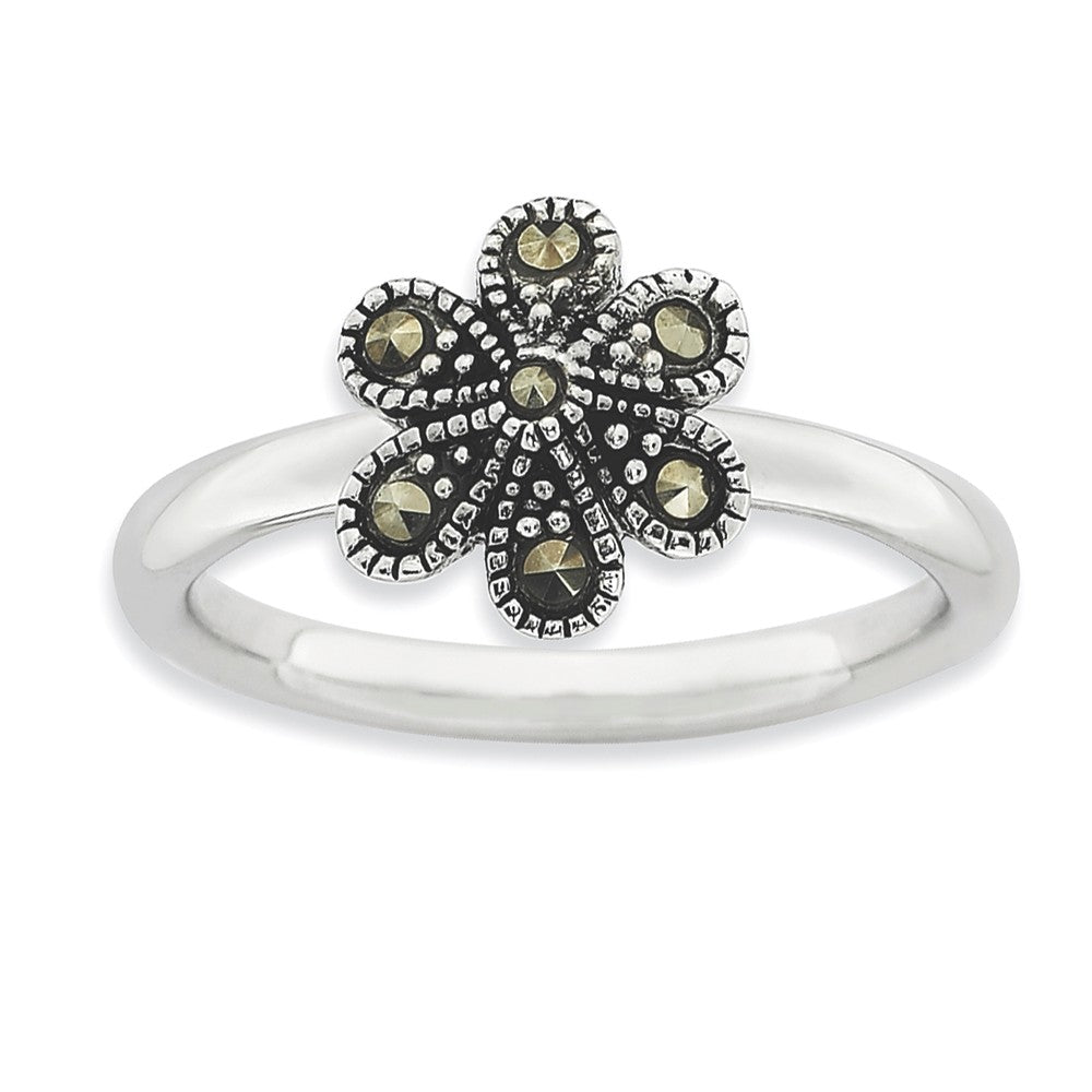 2.25mm Sterling Silver Stackable Marcasite Flower Ring, Item R9205 by The Black Bow Jewelry Co.