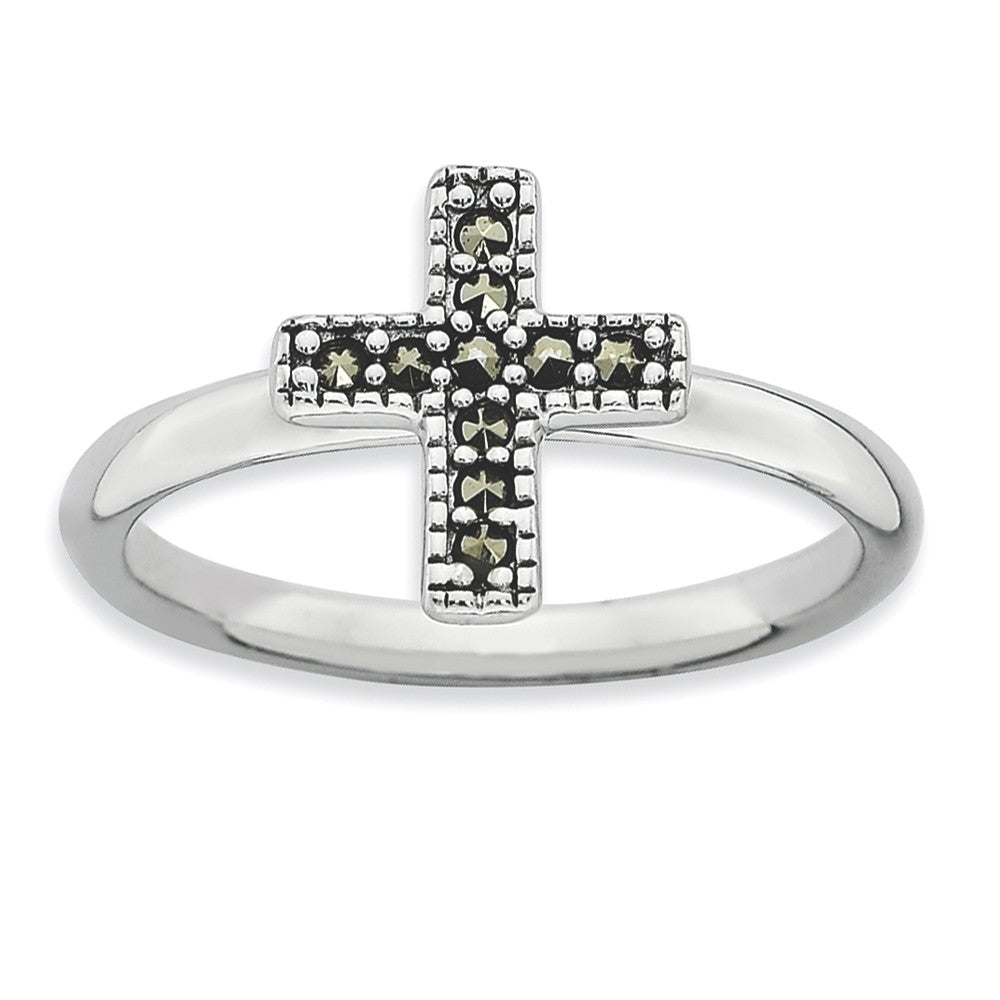 2.25mm Sterling Silver Stackable Marcasite Cross Ring, Item R9208 by The Black Bow Jewelry Co.
