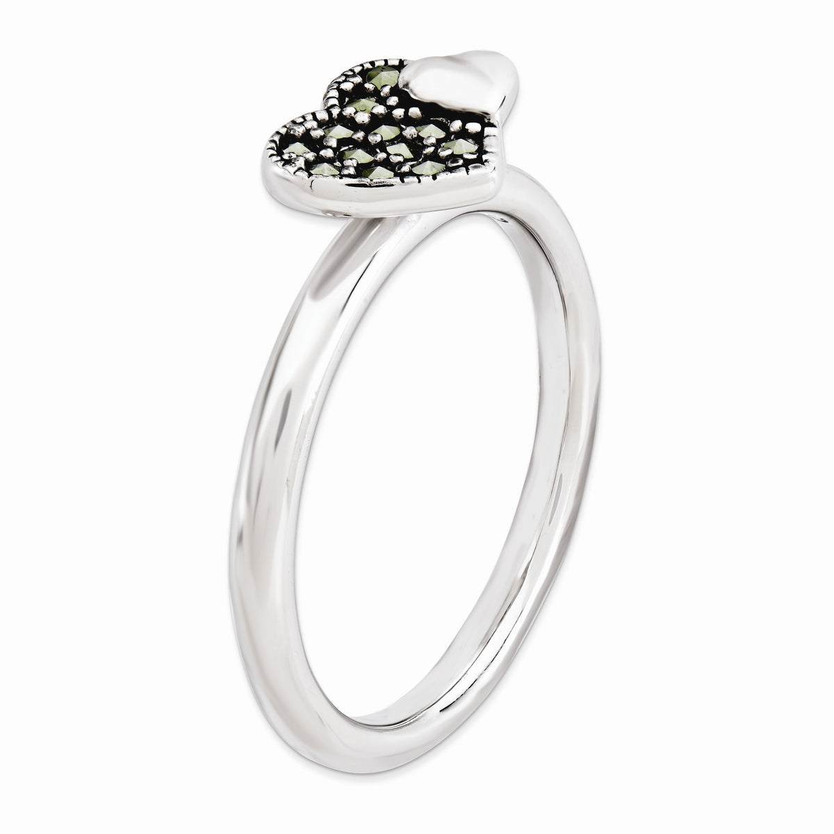 Alternate view of the 2.25mm Sterling Silver Stackable Marcasite Heart Ring by The Black Bow Jewelry Co.