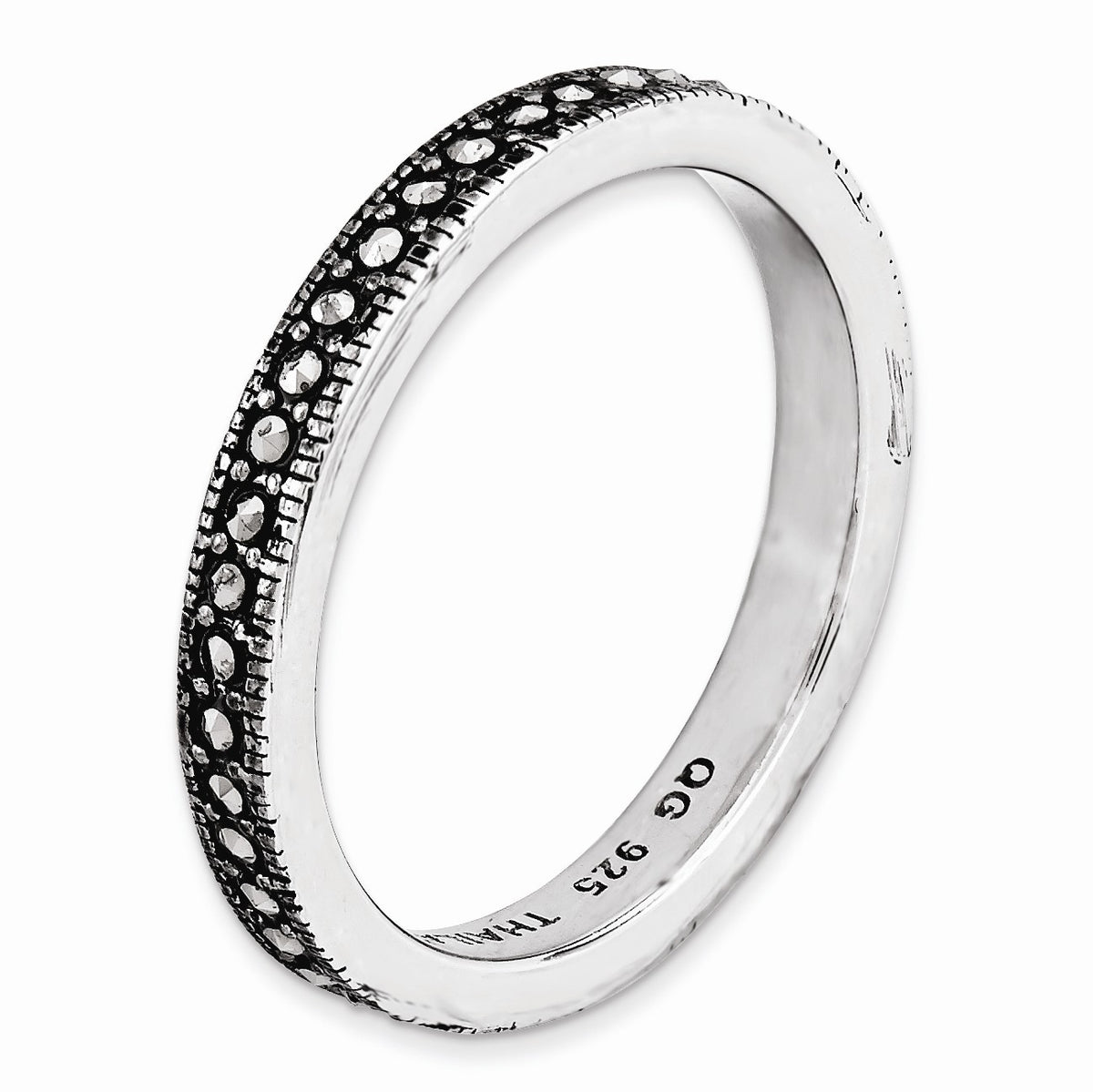 Alternate view of the 3mm Stackable Sterling Silver Marcasite Band by The Black Bow Jewelry Co.