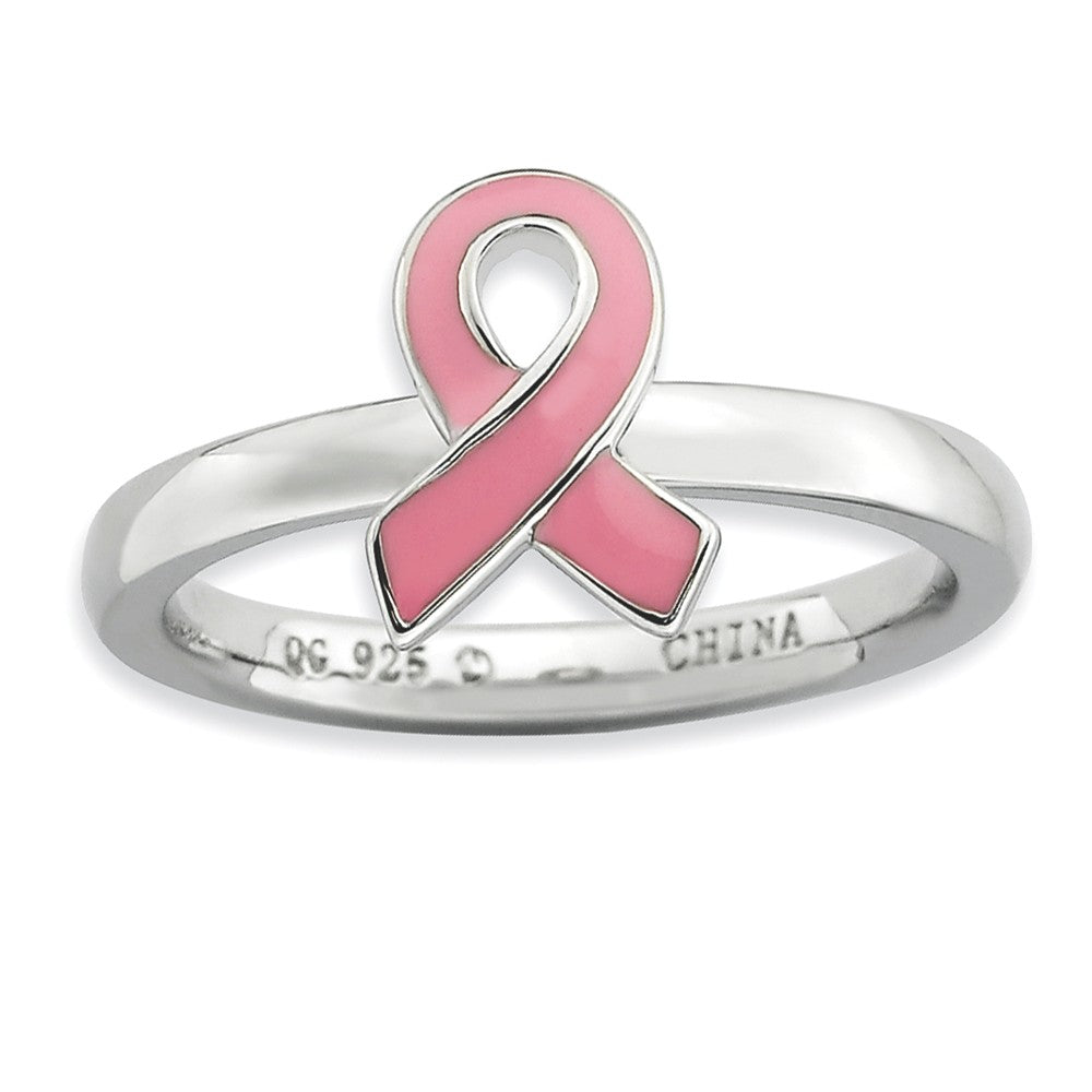 Silver Stackable Pink Enamel Awareness Ribbon Ring, Item R9230 by The Black Bow Jewelry Co.