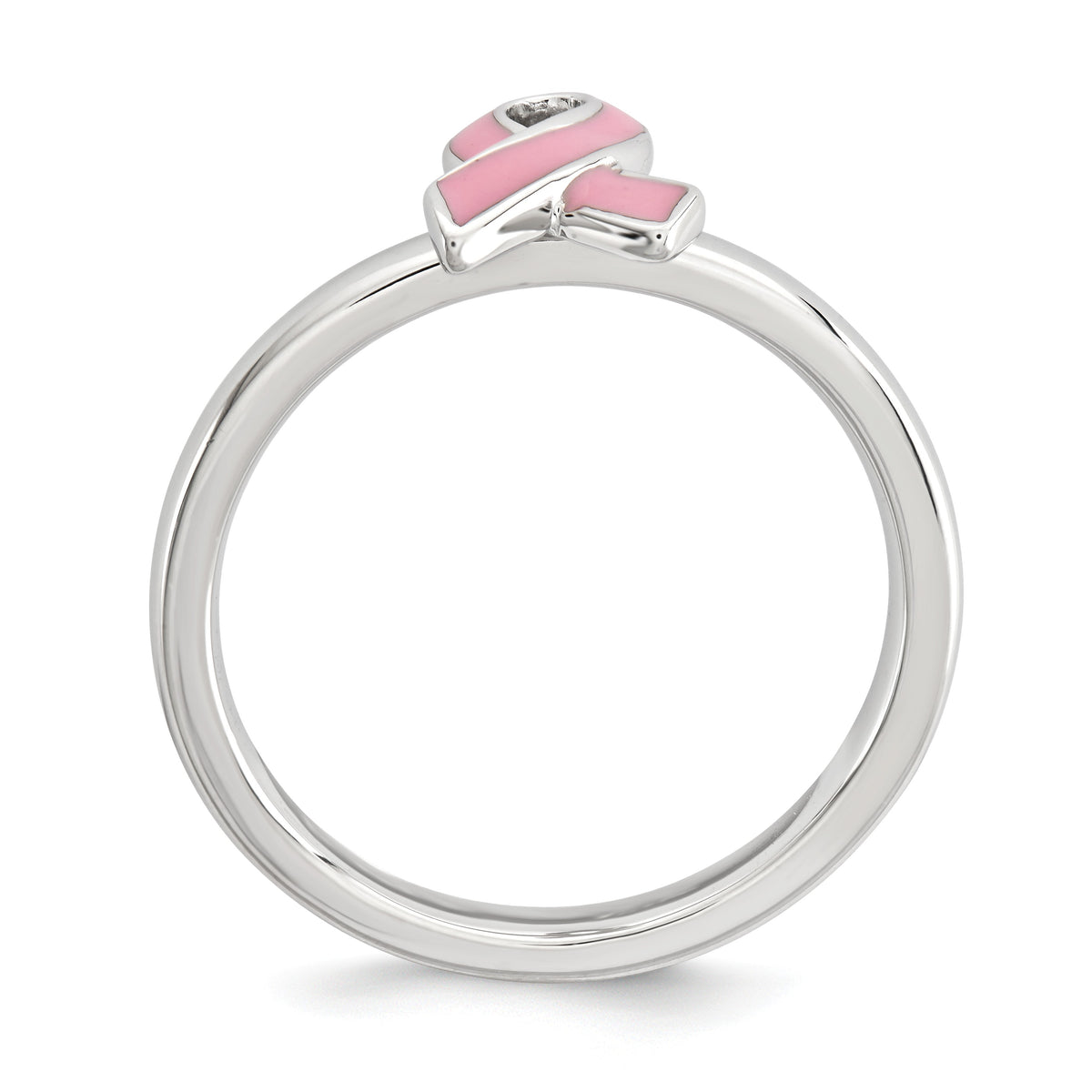 Alternate view of the Silver Stackable Pink Enamel Awareness Ribbon Ring by The Black Bow Jewelry Co.