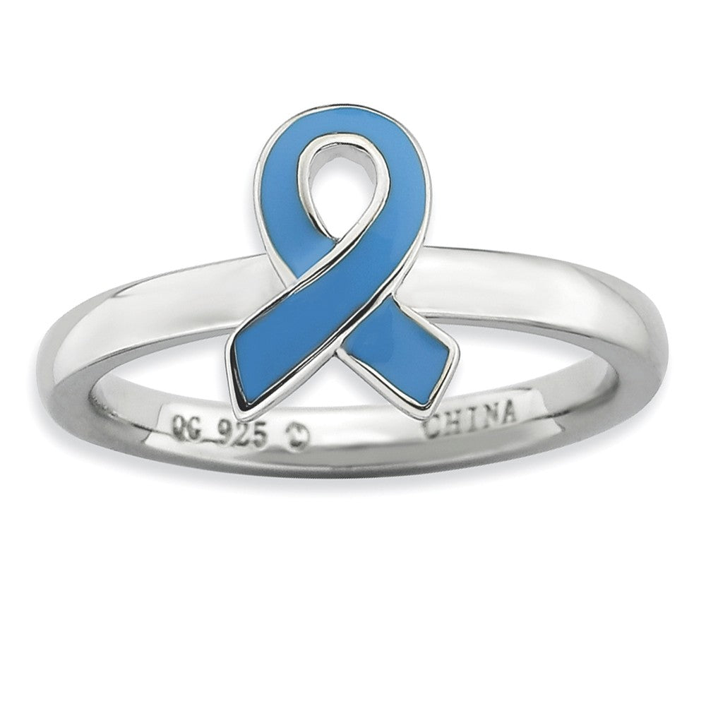 Silver Stackable Blue Enamel Awareness Ribbon Ring, Item R9233 by The Black Bow Jewelry Co.