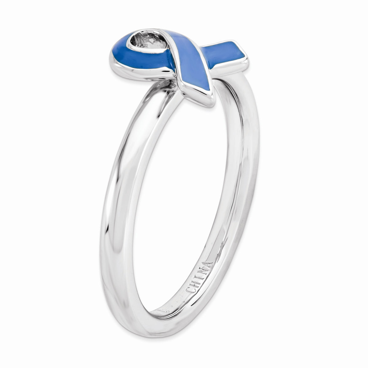 Alternate view of the Silver Stackable Blue Enamel Awareness Ribbon Ring by The Black Bow Jewelry Co.