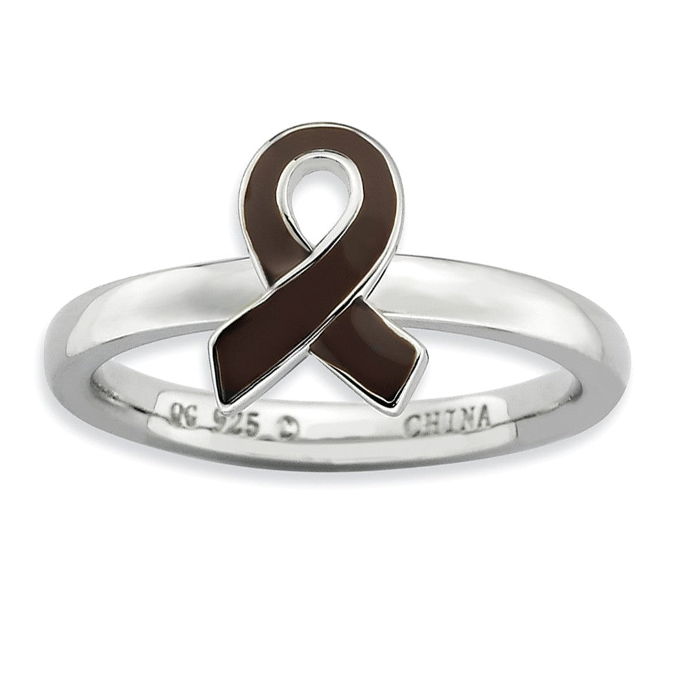 Silver Stackable Brown Enamel Awareness Ribbon Ring, Item R9235 by The Black Bow Jewelry Co.