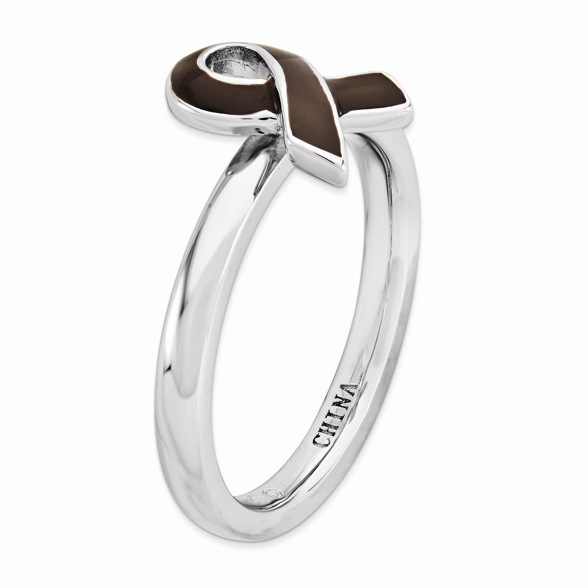 Alternate view of the Silver Stackable Brown Enamel Awareness Ribbon Ring by The Black Bow Jewelry Co.