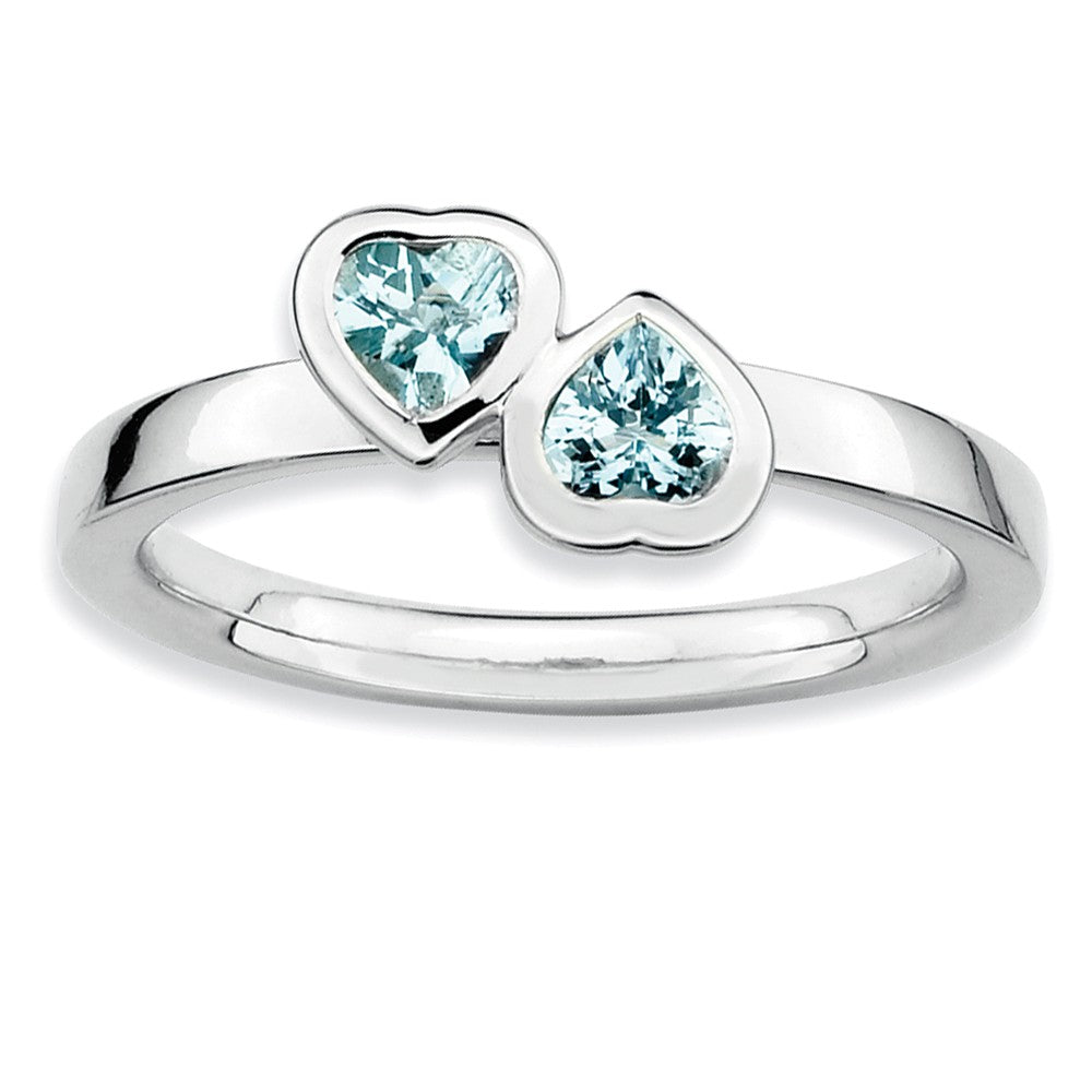 Sterling Silver Stackable Double Heart Aquamarine Ring, Item R9308 by The Black Bow Jewelry Co.