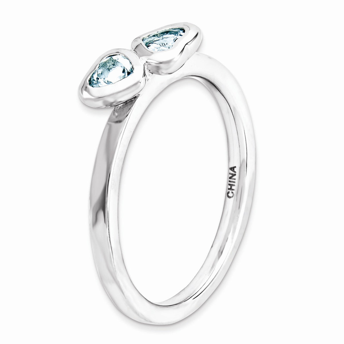 Alternate view of the Sterling Silver Stackable Double Heart Aquamarine Ring by The Black Bow Jewelry Co.