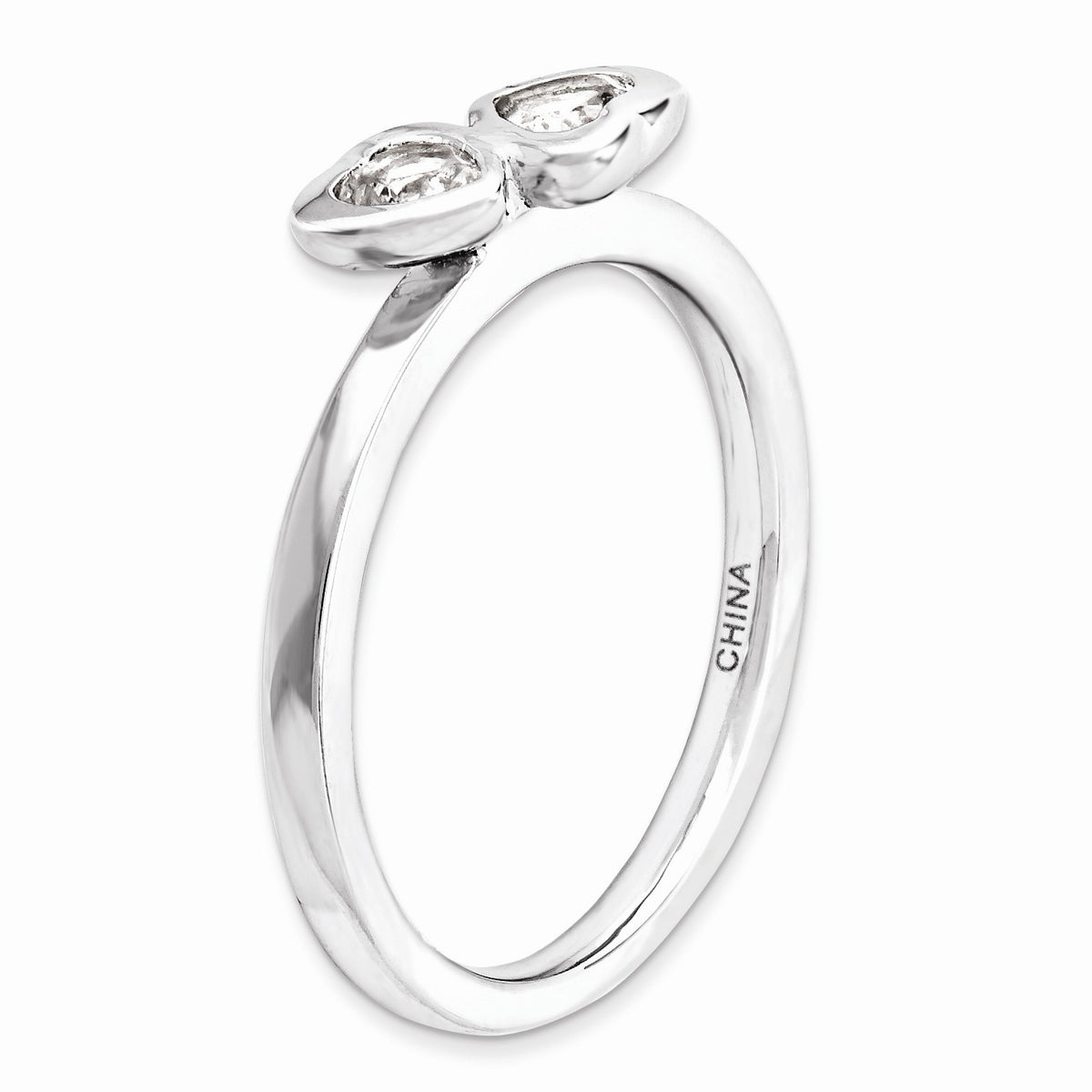 Alternate view of the Sterling Silver Stackable Double Heart White Topaz Ring by The Black Bow Jewelry Co.