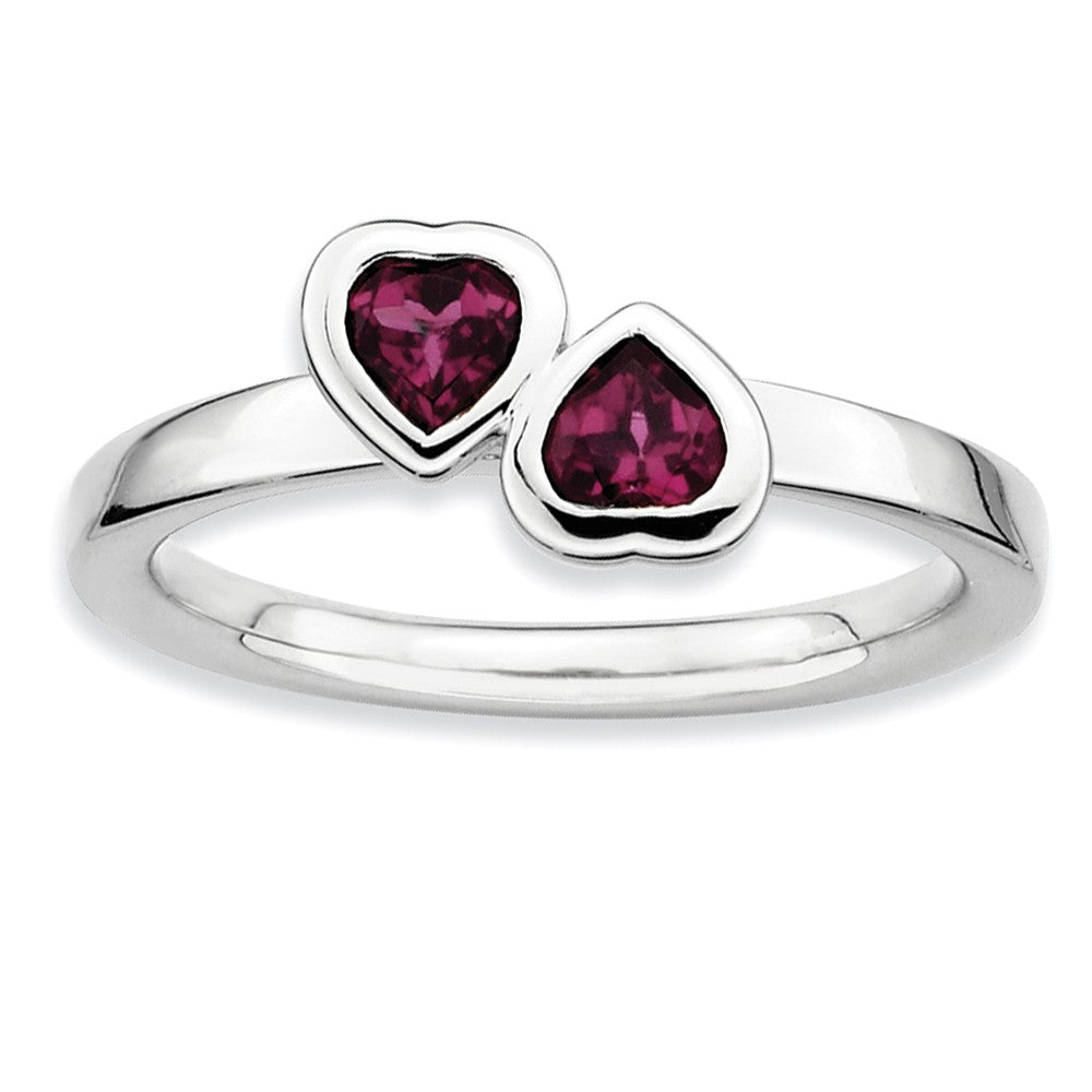 Sterling Silver Stackable Double Heart Rhodolite Garnet Ring - The