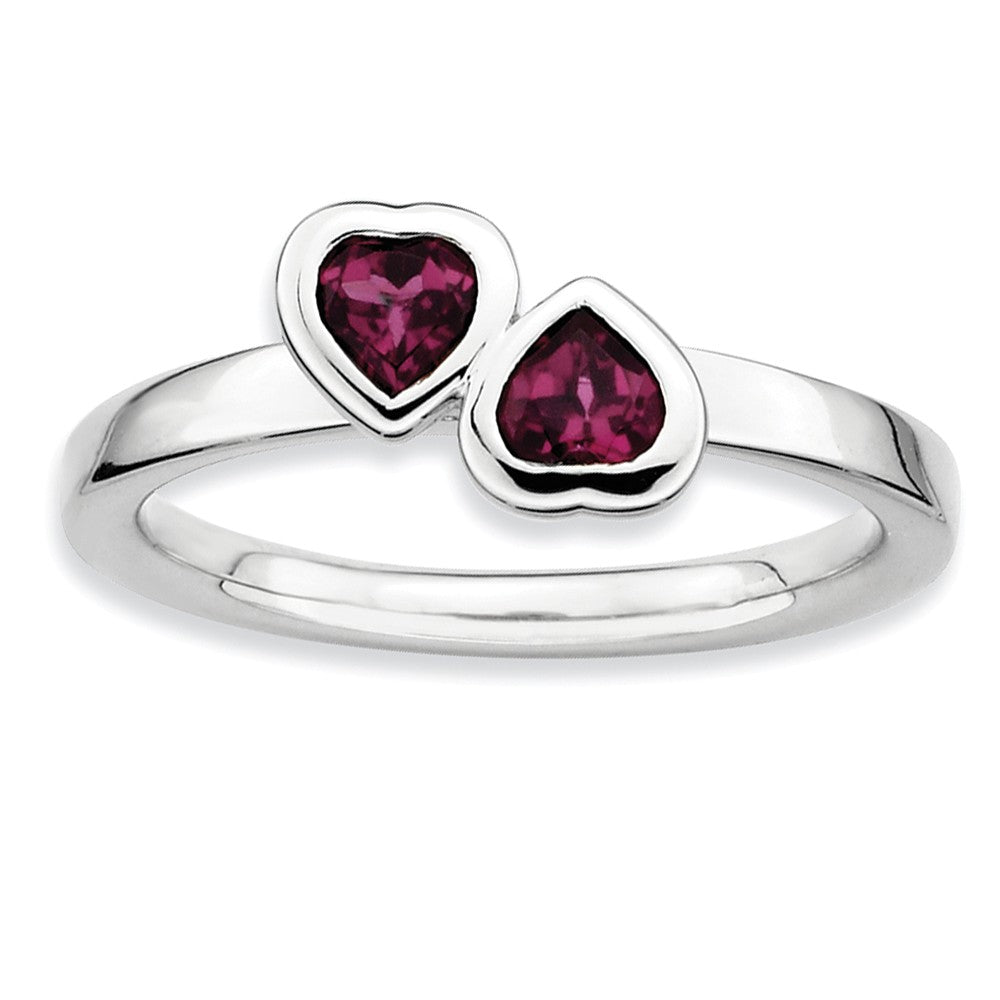 Sterling Silver Stackable Double Heart Rhodolite Garnet Ring, Item R9311 by The Black Bow Jewelry Co.