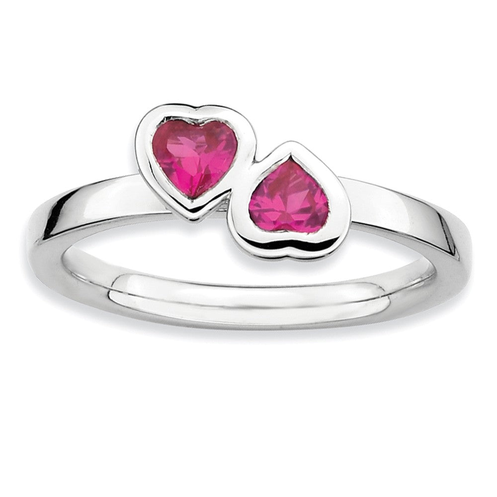 Sterling Silver Stackable Double Heart Created Ruby Ring, Item R9312 by The Black Bow Jewelry Co.